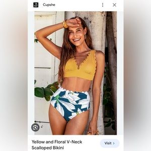Cupshe Yellow Floral V Neck Scalloped Bikini - Size M NWOT
